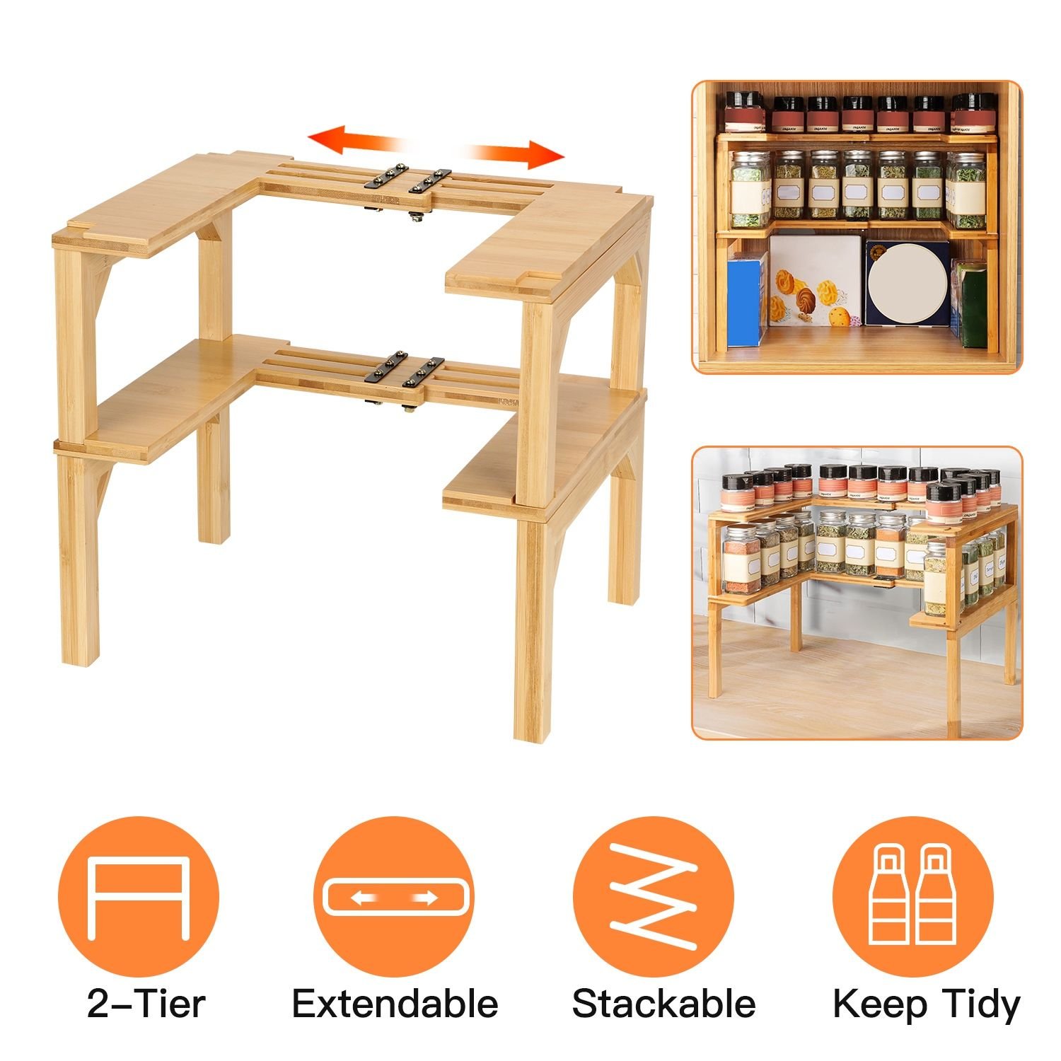 2-Tier Kitchen Spice Rack Expandable Bamboo Spice Organizer Cabinet ...