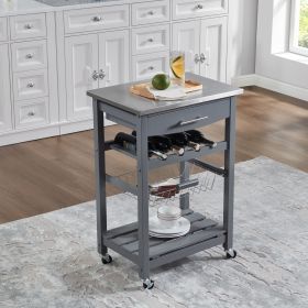 Mobile Rolling Kitchen Island Trolley Serving Cart with Underneath Drawer & Slide-Out Wire Storage Basket (Main Material: Wood + Stainless Steel, Main Color: Grey)